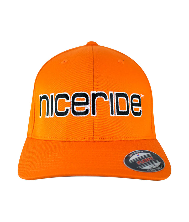 Classic Flexfit hat in vibrant orange featuring NICERIDE logo, perfect for summer style and outdoor activities.