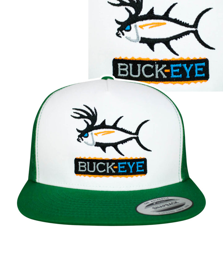 "Buck-Eye Pill" unisex snapback trucker hat featuring colorful fish embroidery and the brand name Buck-EYE.