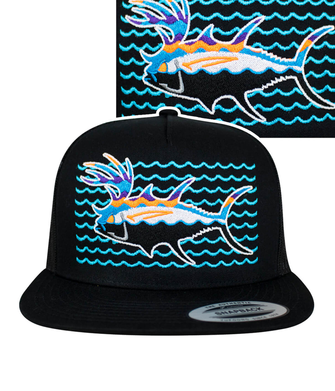 Buck-Eye Explorer on the Water hat featuring colorful fish embroidery and wave design on a black snapback trucker hat.