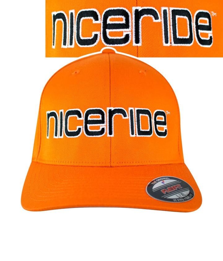 Bold Tower Classic Flexfit Hat featuring NICERIDE logo in bold orange color.