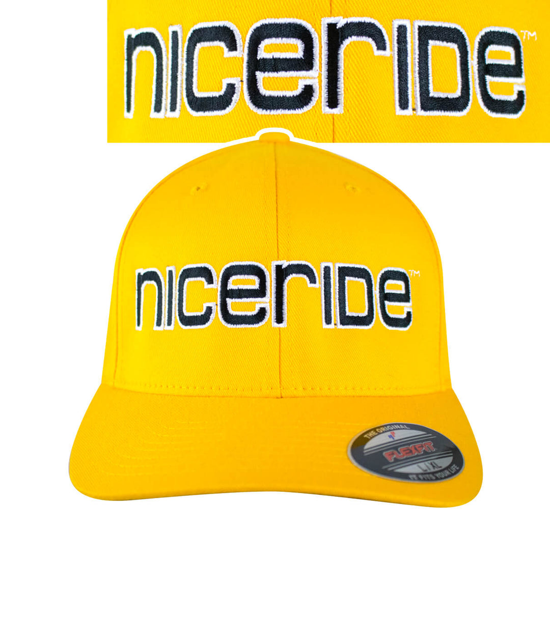 Classic Flexfit hat in bright yellow with NICERIDE logo embroidered, perfect for all-day wear.