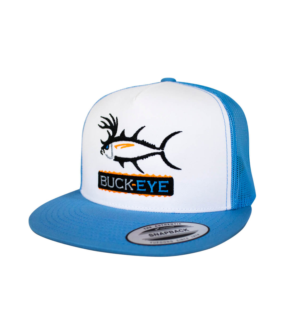 Buck-Eye Pill unisex snapback trucker hat with embroidered design, perfect fishing hat for indoor/outdoor activities.
