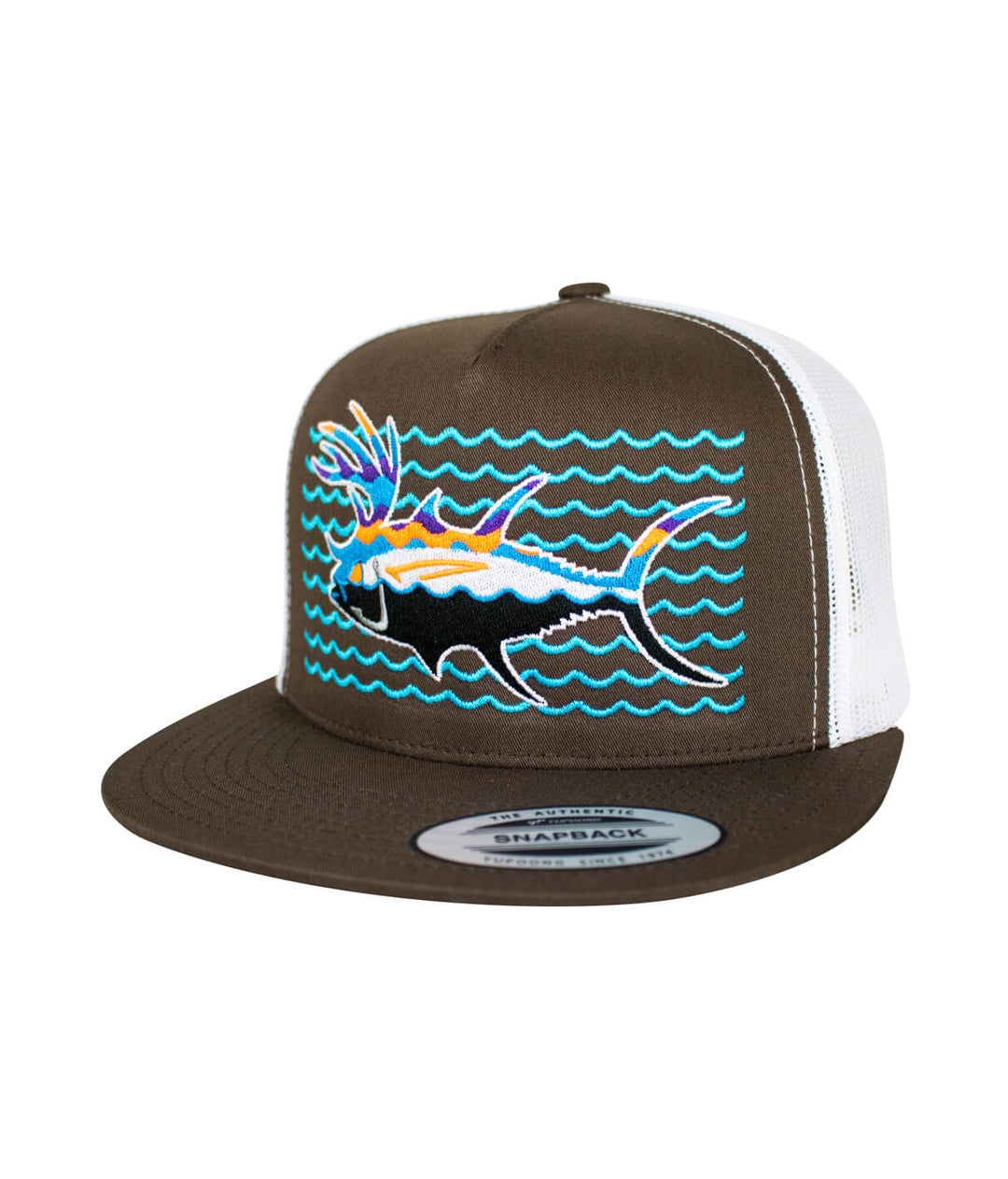Buck-Eye Explorer on the Water unisex snapback trucker hat with fish design, ideal fishing hat for outdoor activities.