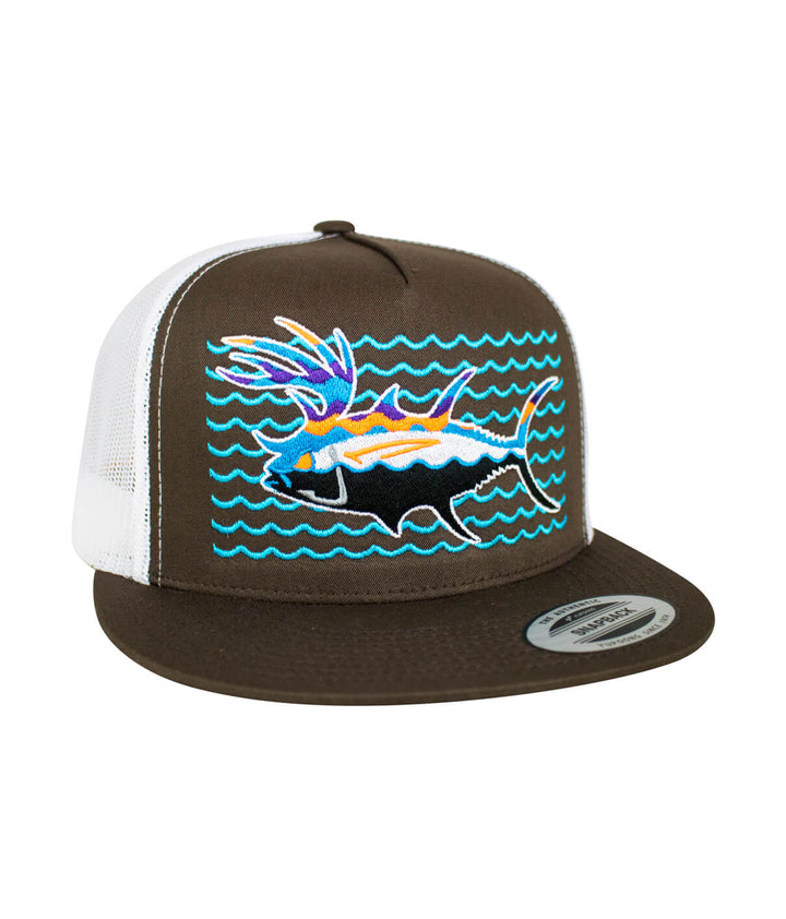 Buck- Eye Explorer on the Water unisex snapback trucker hat with embroidered fish design.