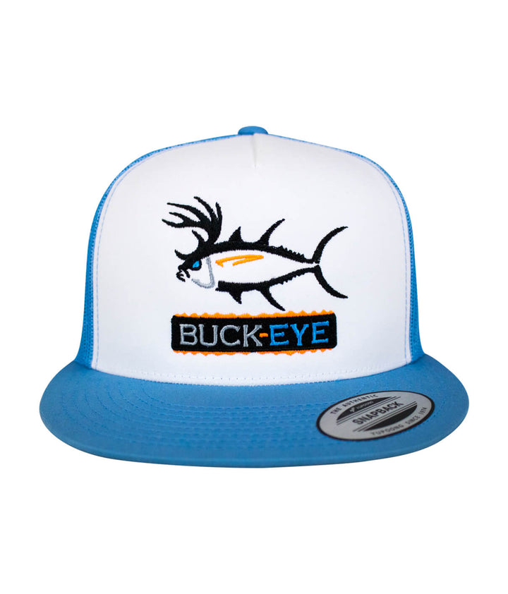 "Buck-Eye Pill" unisex snapback trucker hat with embroidered fish design, perfect fishing hat for men and women.
