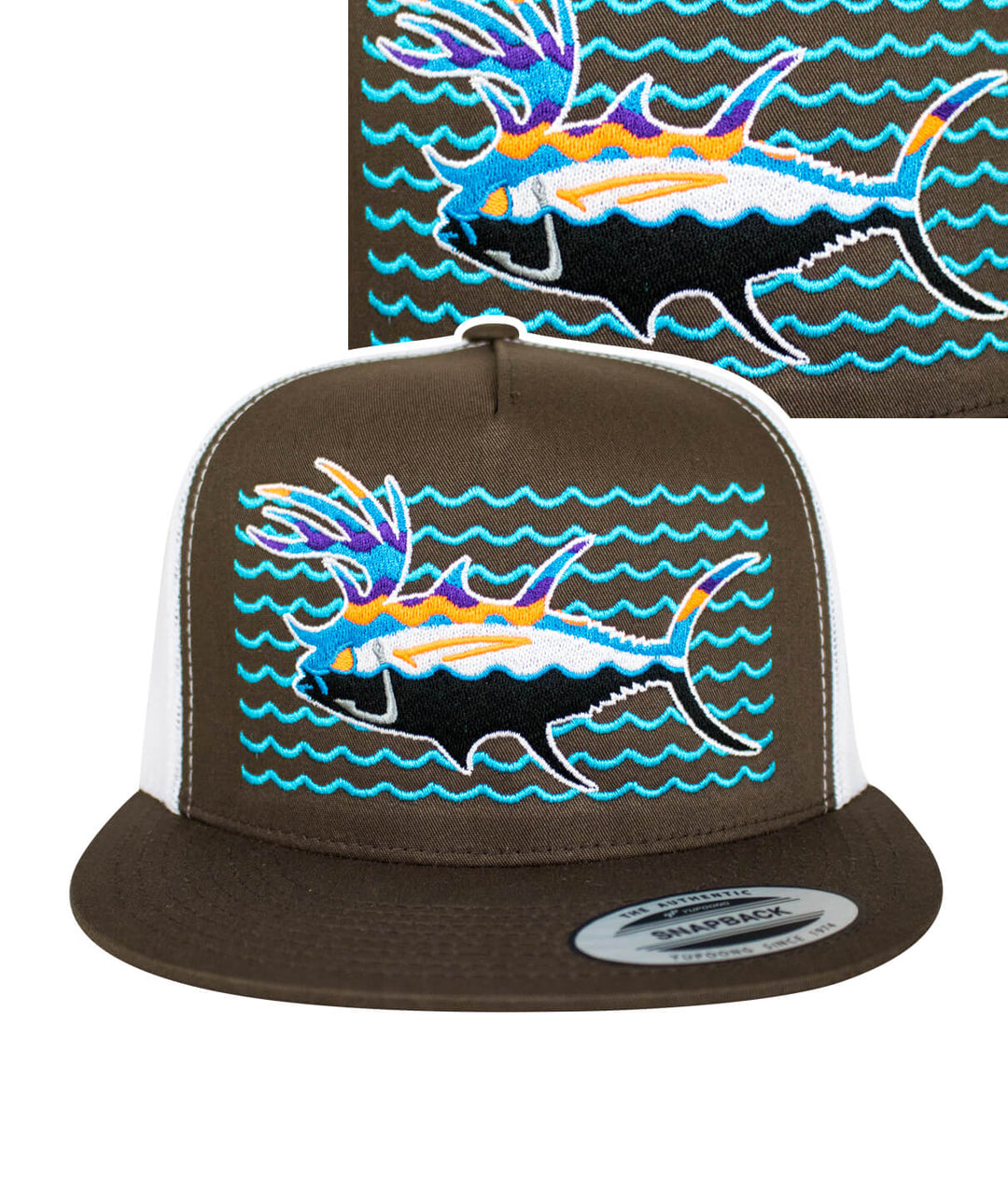 Buck-Eye Explorer on the Water unisex snapback trucker hat featuring colorful fish embroidery and wave design.
