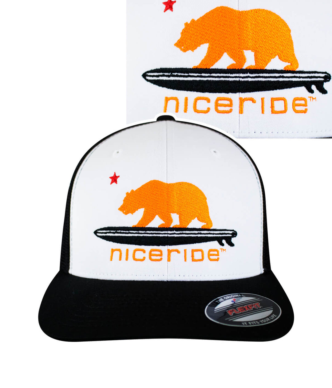 Hang 20 - Neon Orange meshback flexfit hat featuring embroidered bear and surfboard design.