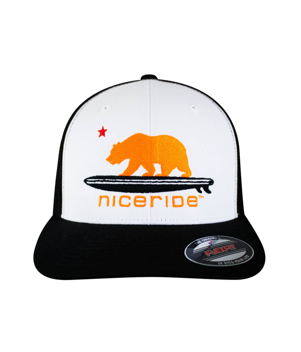 Hang 20 Neon Orange Meshback Flexfit Hat featuring NICERIDE's bear logo on white front panel.