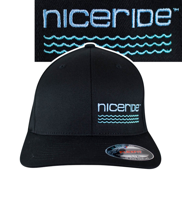 On The Water Classic Flexfit Hat featuring NICERIDE logo design on front, black cap with embroidery