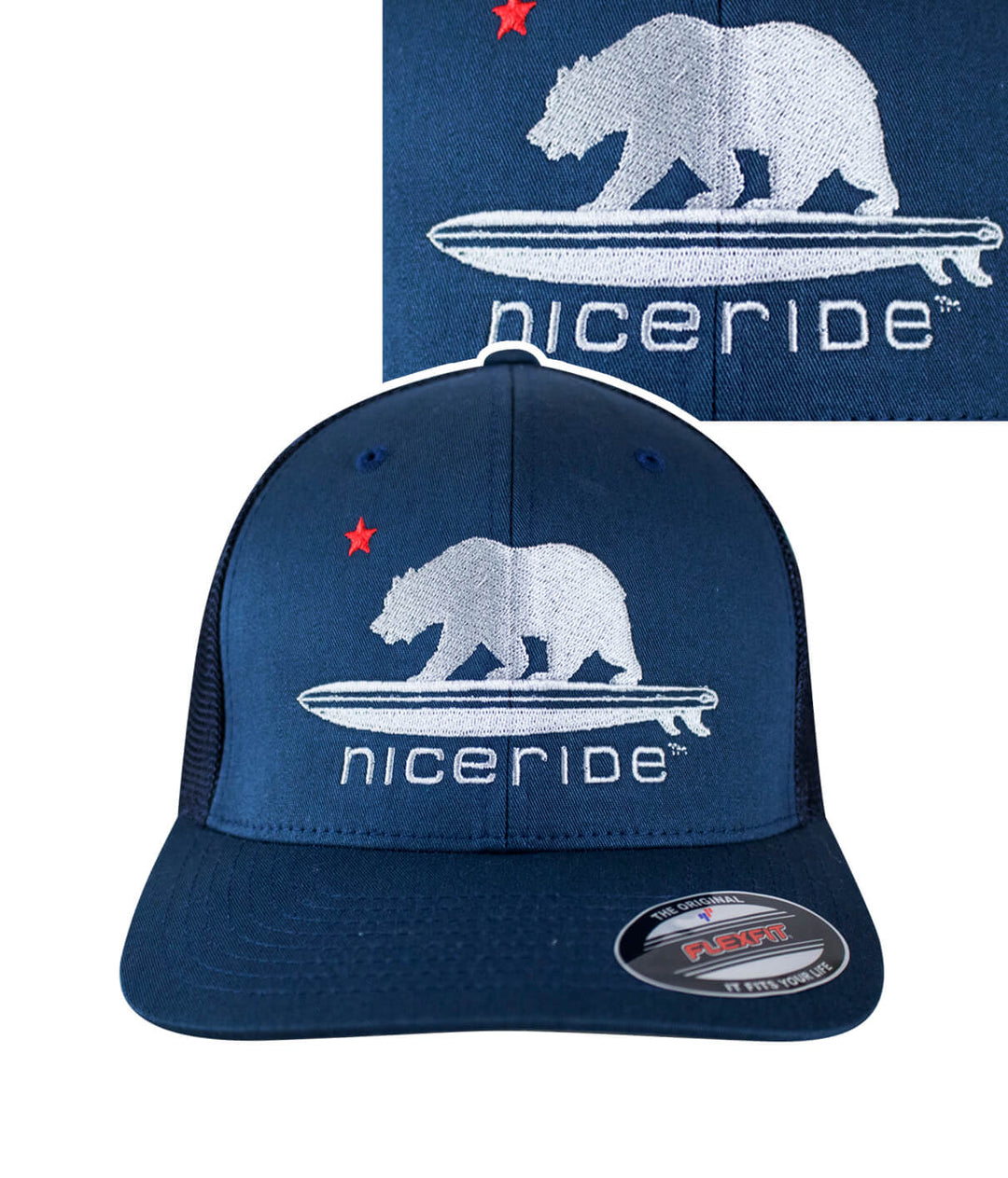 Hang 20 Meshback Flexfit Hat featuring NICERIDE design and palm logo, perfect for outdoor enthusiasts and comfort.
