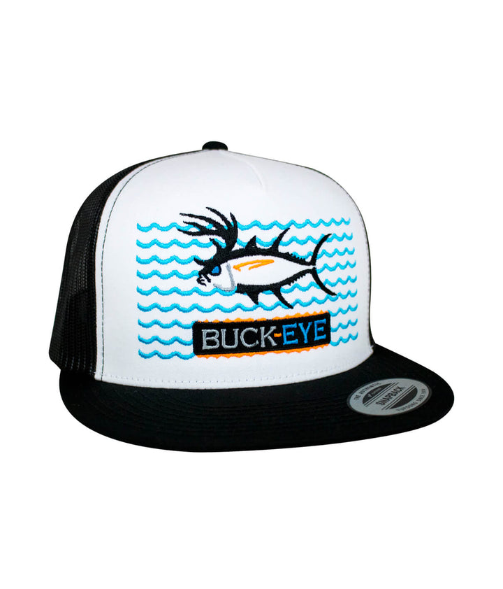 Buck-Eye on the Water Unisex Snapback Trucker Hat with fish design and waves, ideal for outdoor enthusiasts.