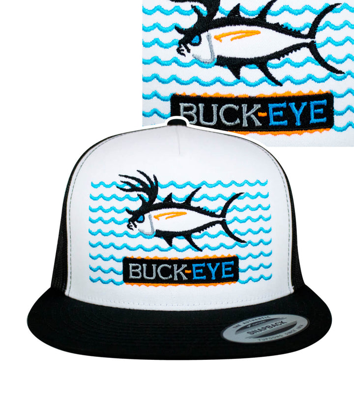 Buck-Eye on the Water unisex snapback trucker hat featuring embroidered fish design and waves.