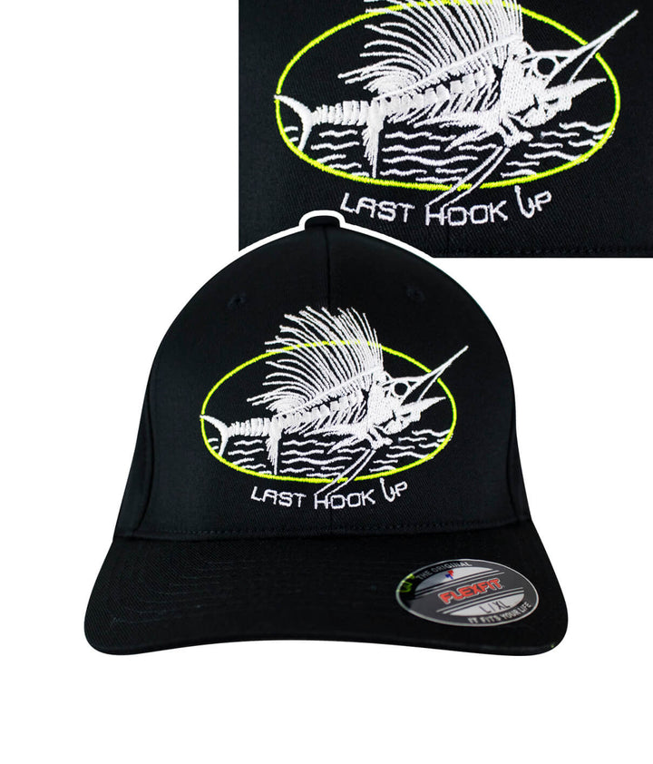 Last Hook Up Classic Flexfit hat featuring embroidered fish design and vibrant colors.