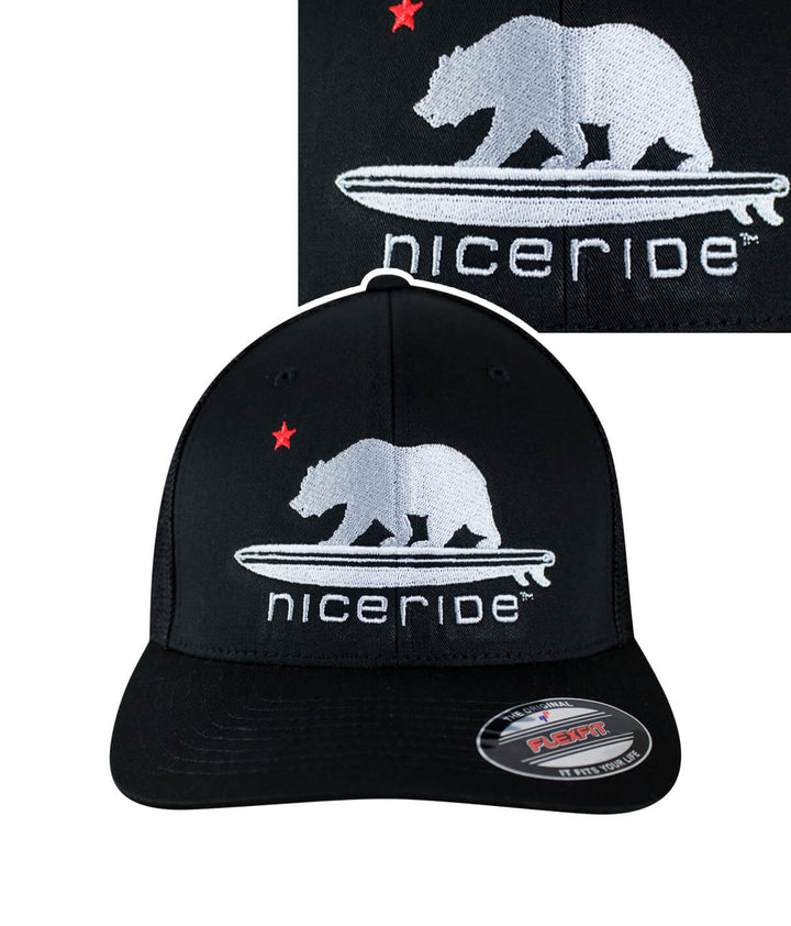 Hang 20 Meshback Flexfit Hat featuring the NICERIDE bear logo embroidered on a black cap.