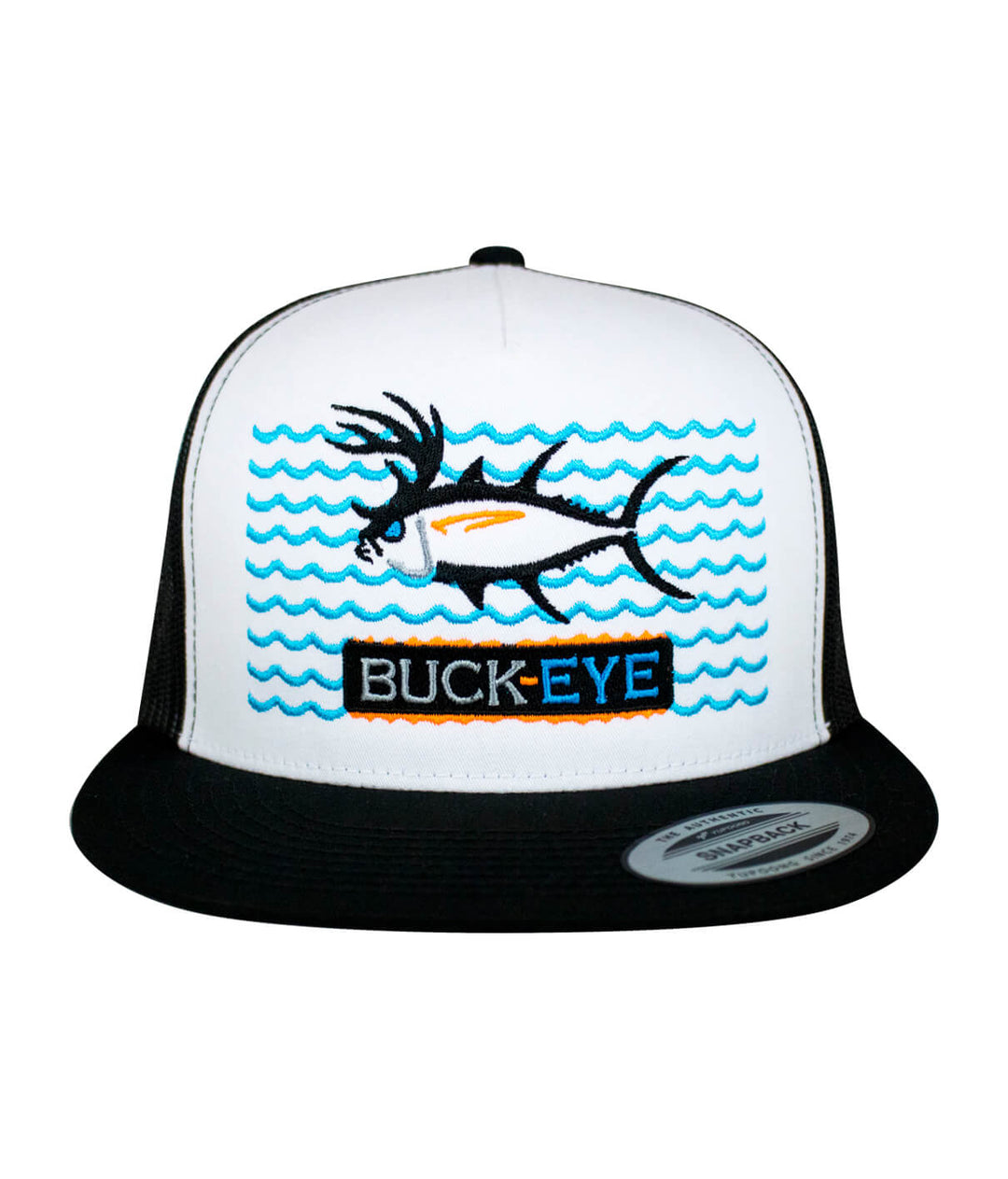 Buck-Eye on the Water unisex snapback trucker hat featuring a fish design and waves in vibrant colors.