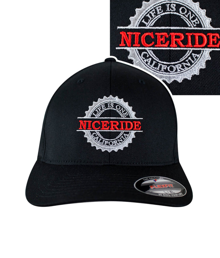 Classic Flexfit hat with NICERIDE logo and red embroidery on black background, designed in the USA.