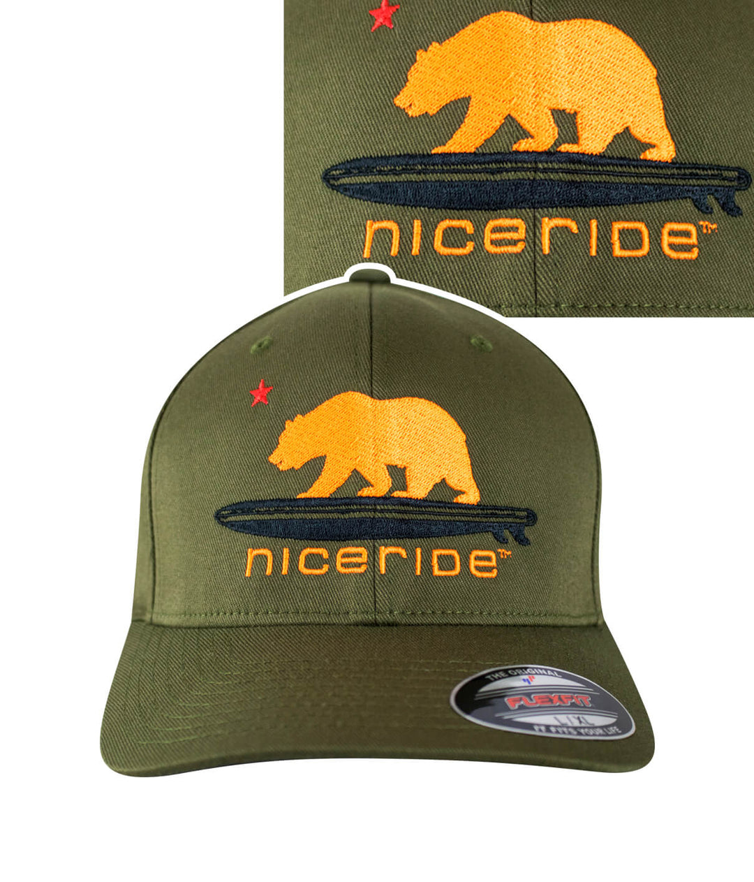 Hang 20 Classic Flexfit Baseball cap in olive green with bear logo and NICERIDE design.
