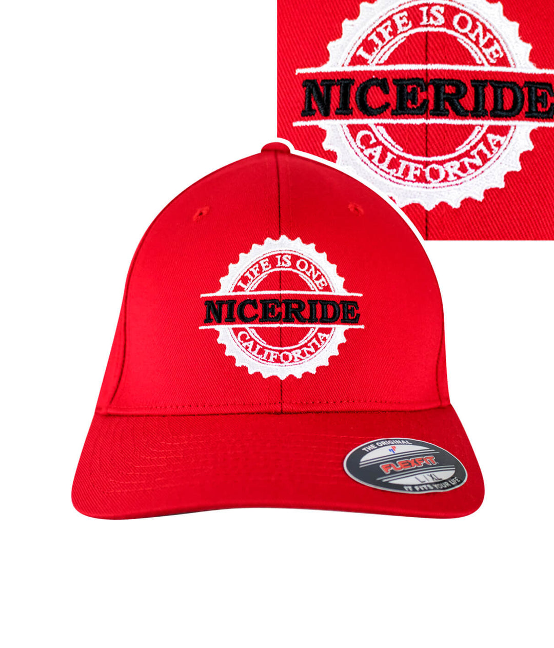 Red NICERIDE hat featuring an embroidered logo stating &