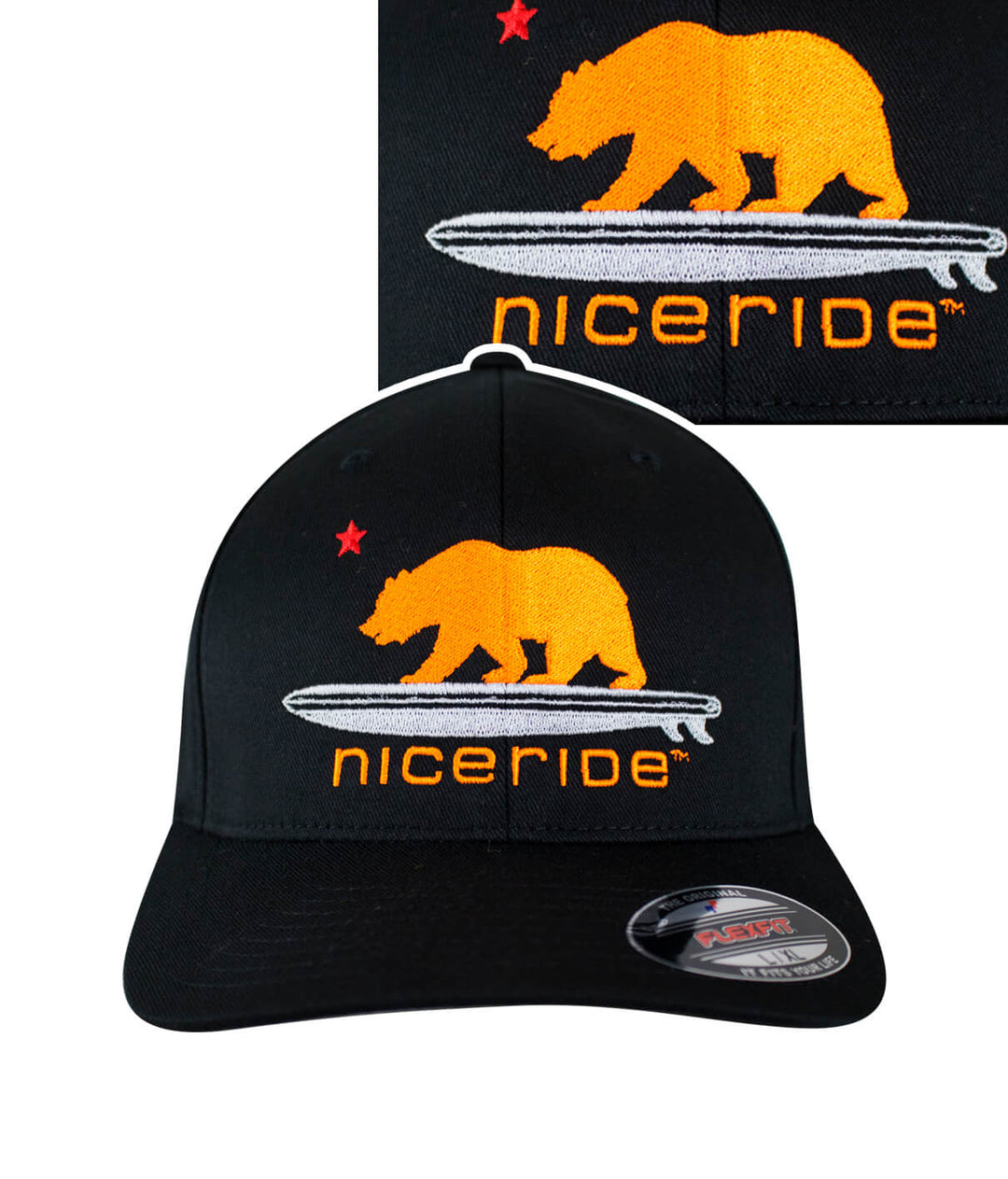 Hang 20 neon orange hat featuring classic bear and surfboard design from NICERIDE.