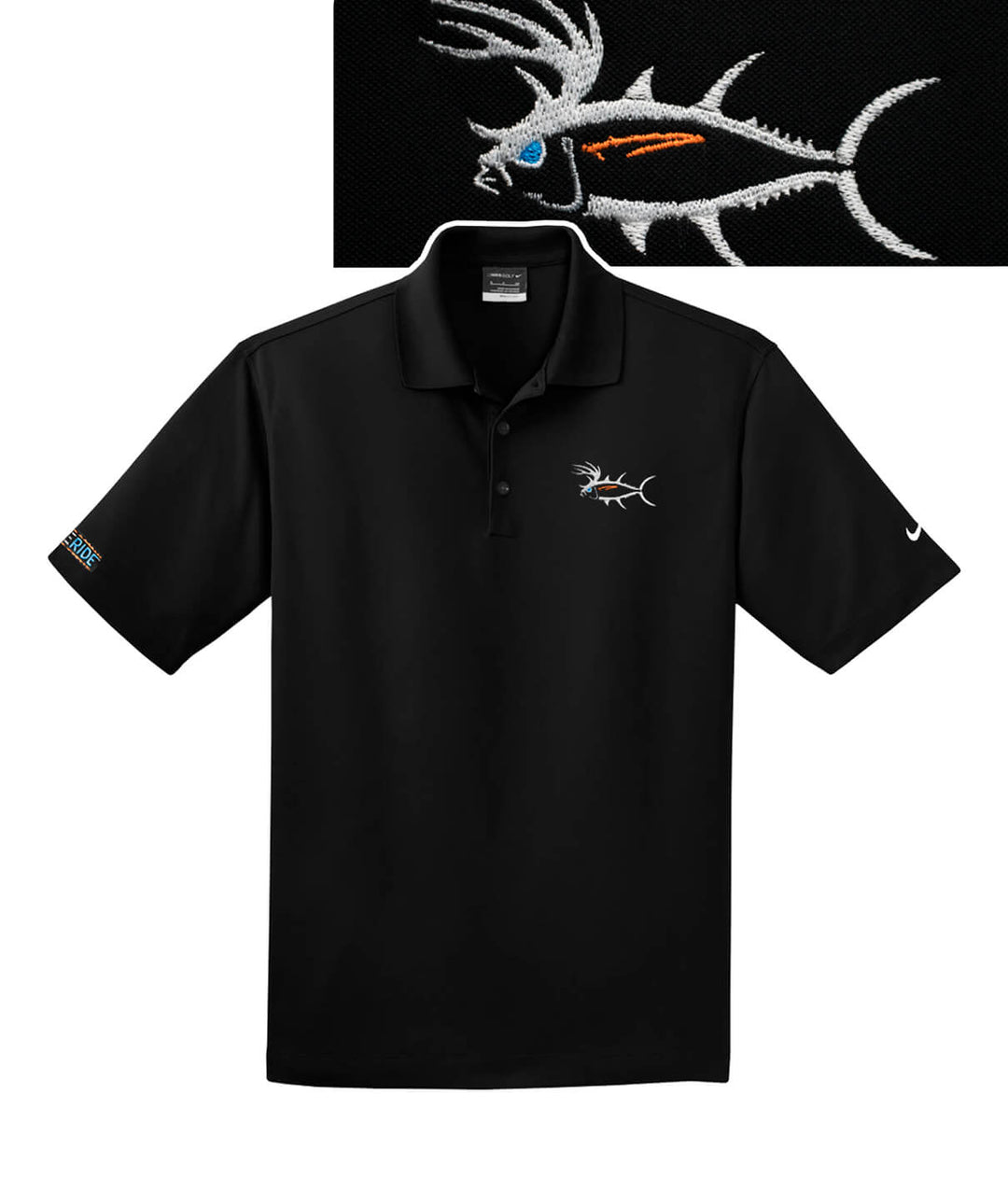 Black Nike Men's Golf Shirt featuring Buck-Eye design and embroidered fish detail for cool outdoor activities.