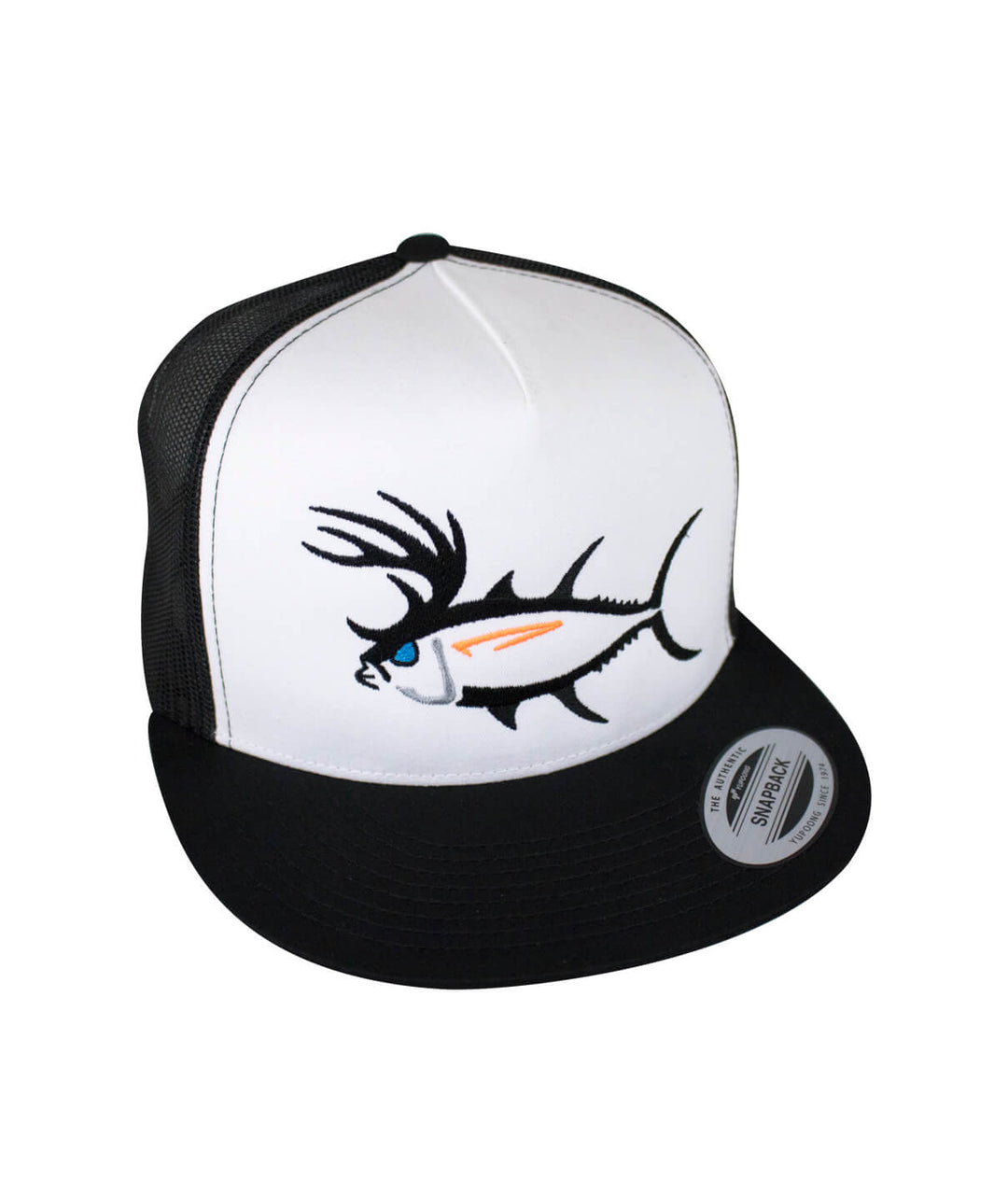 "Buck-Eye" unisex trucker hat, classic snapback baseball cap featuring an embroidered fish design.