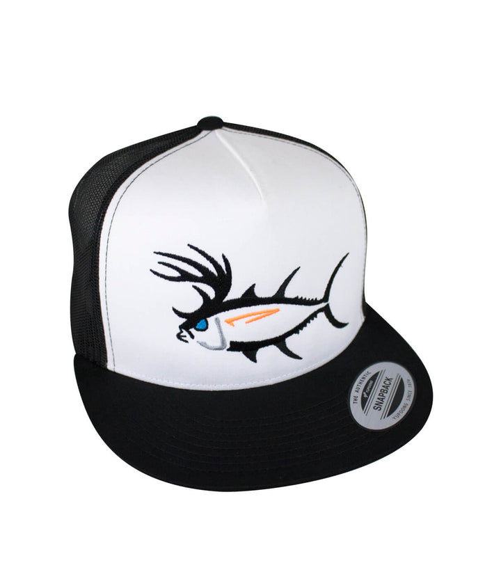 "Buck-Eye" unisex trucker hat, classic snapback baseball cap featuring an embroidered fish design.