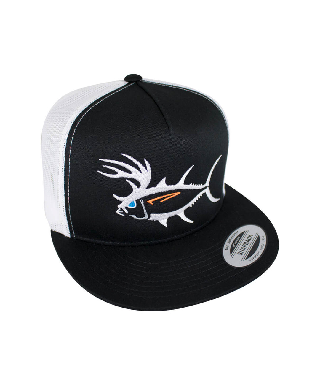 "Buck-Eye" Unisex Trucker Hat, snapback design with embroidered fish, perfect fishing hat for men and women.