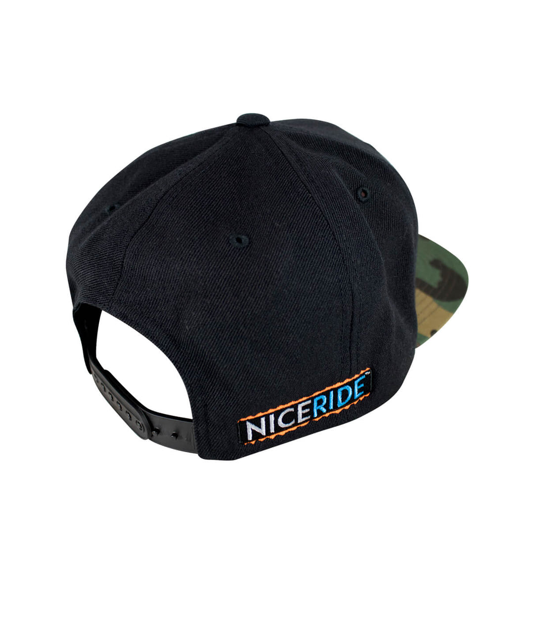 Back view of the "Buck-Eye" Evening Glow snapback hat, featuring NICERIDE logo and camo design.