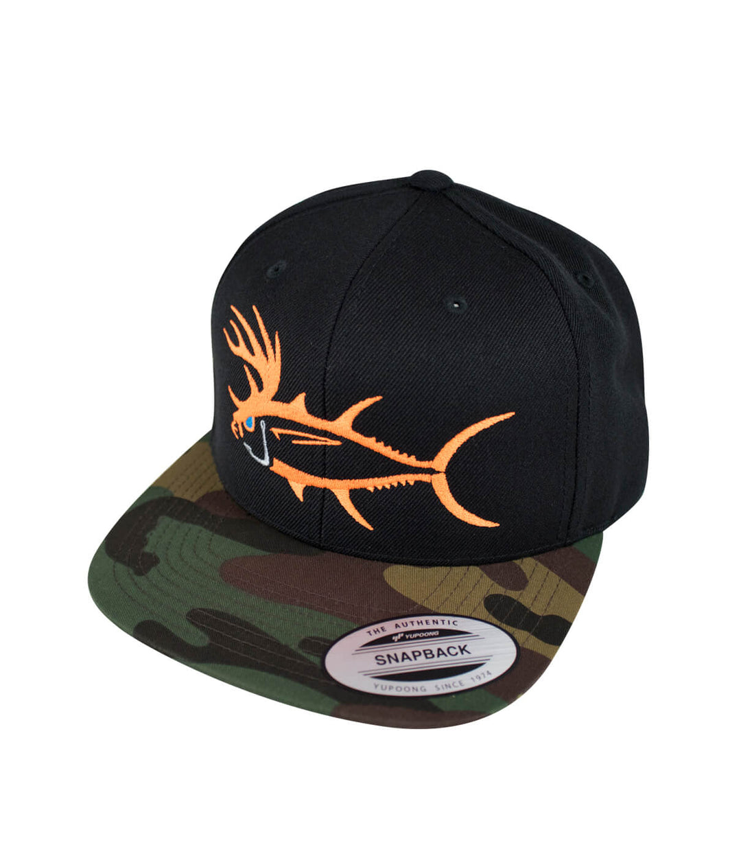 "Buck-Eye" Evening Glow hat featuring camo flatbill design, ideal for fishing and outdoor activities.