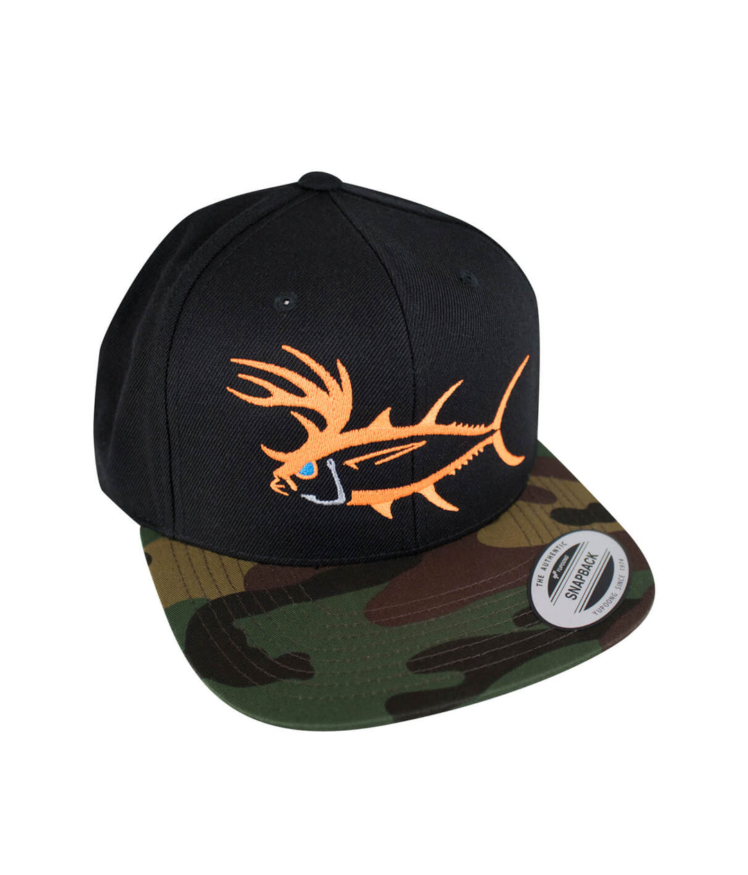 Buck-Eye Evening Glow unisex flatbill snapback hat featuring a fish design and camo brim, perfect for fishing activities.