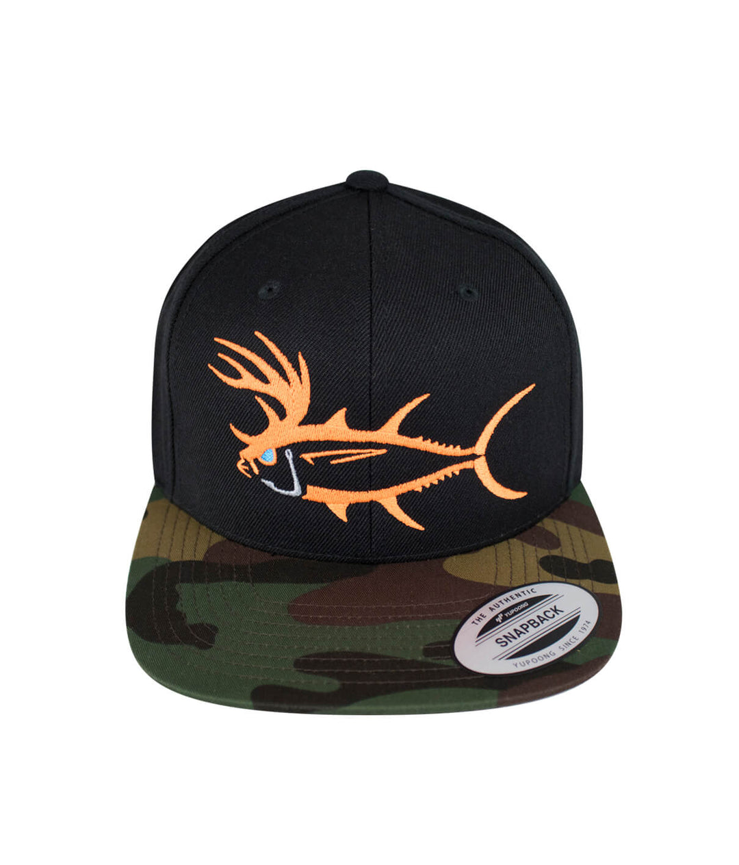 "Buck-Eye" Evening Glow unisex flatbill snapback hat featuring fish design on front and camo brim, perfect fishing hat.