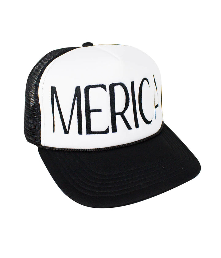 Merica Foam Trucker hat featuring bold lettering, designed and embroidered in the USA, perfect hat for casual wear.