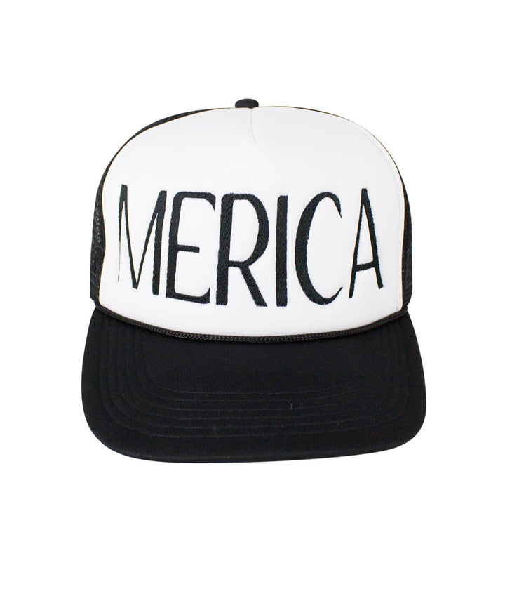 Merica Foam Trucker hat featuring metallic silver embroidery, perfect baseball cap for style and comfort.