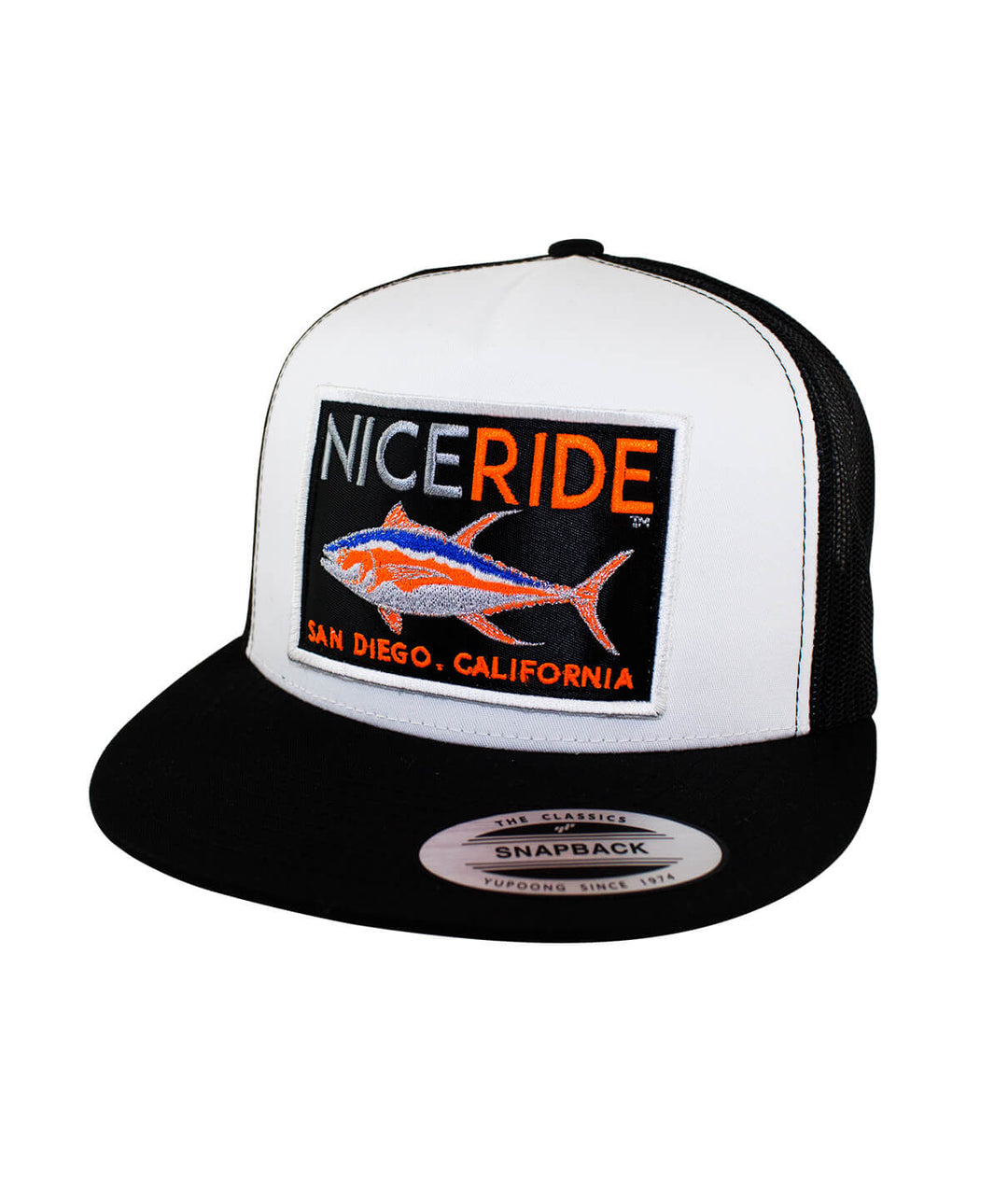 NIceride trucker hat featuring embroidered logo with fish design and snapback closure, perfect summer hat.