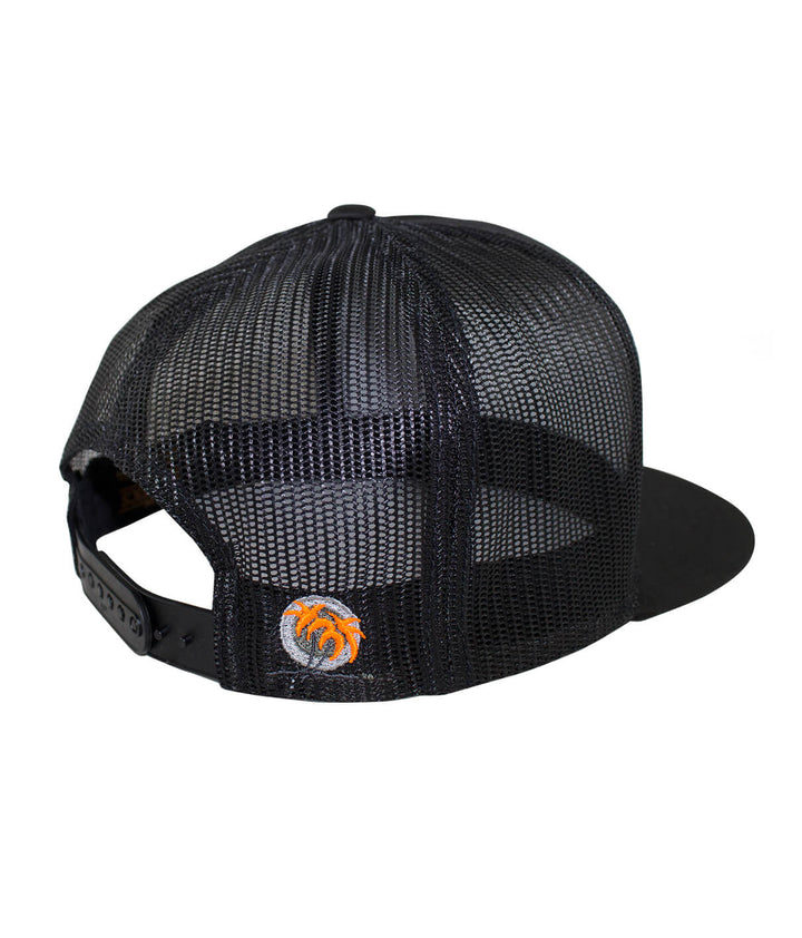 Back view of the Sorry Charlie Patch trucker hat showcasing mesh design and blacked out palm logo with orange leaves.