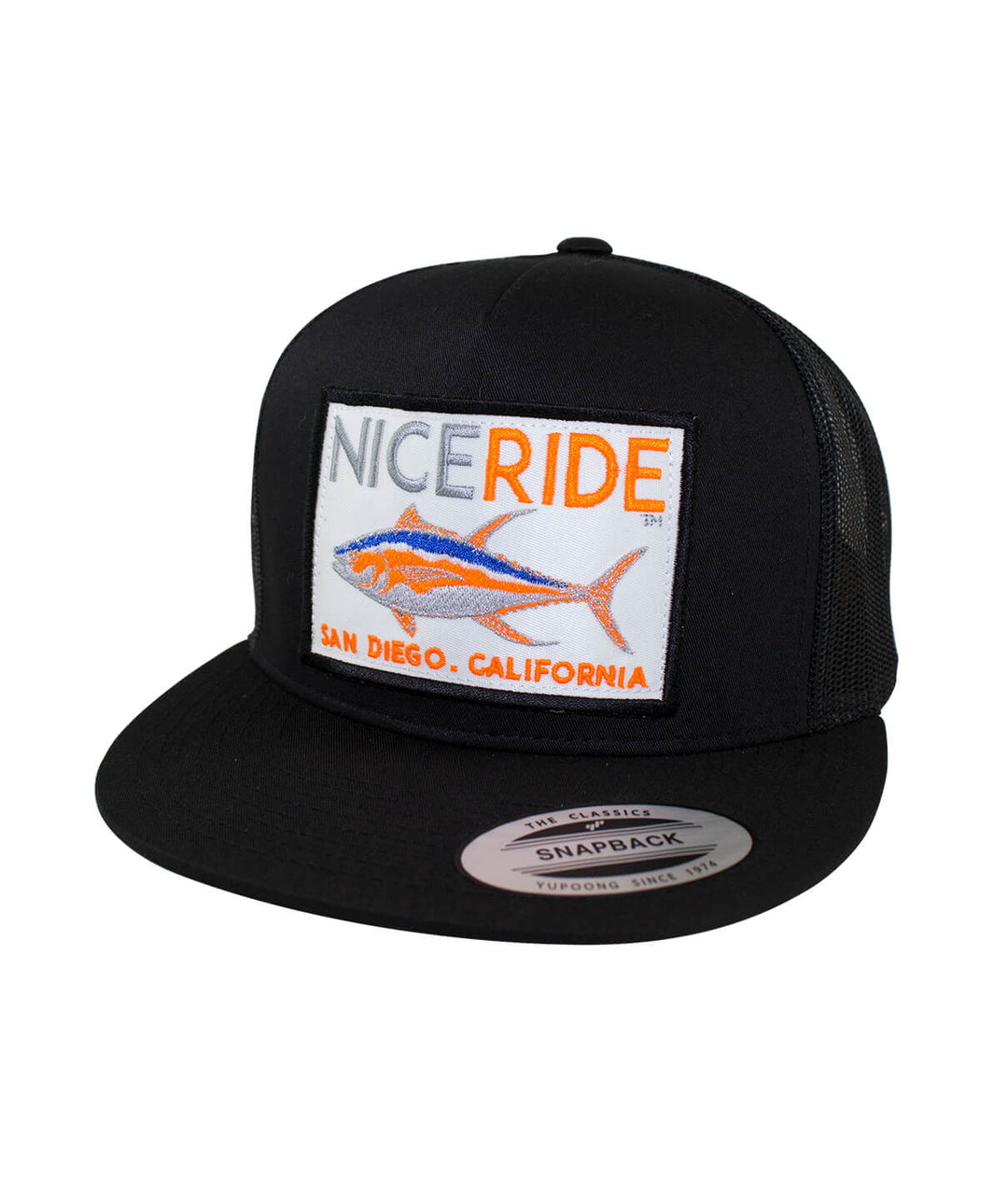NICERIDE snapback hat with embroidered fish logo and text San Diego California, stylish black trucker cap.