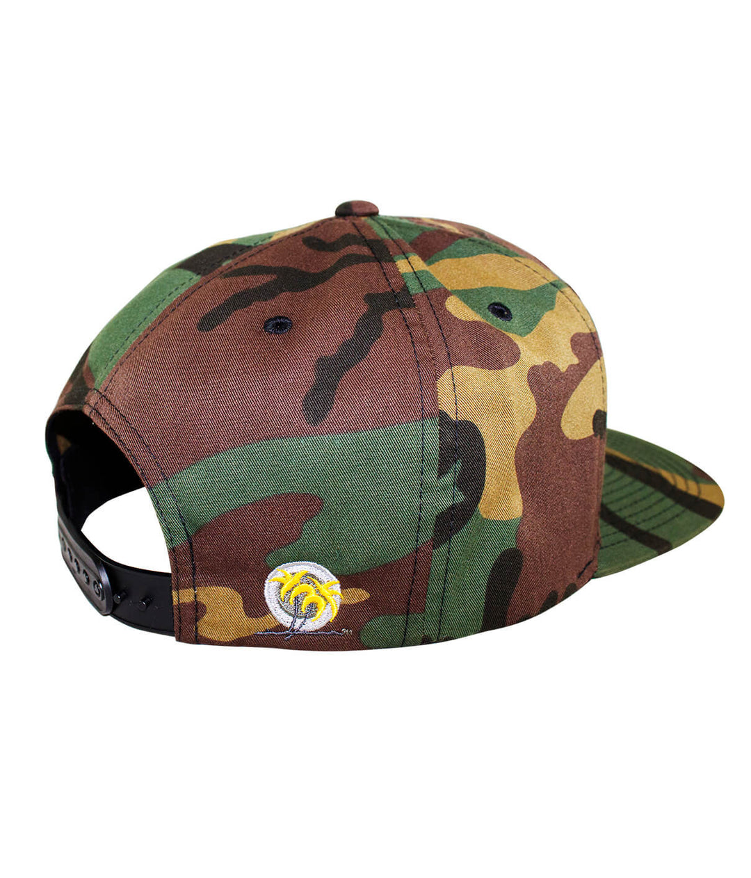 Back view of Sorry Charlie Patch Snapback hat featuring a camo design and Blacked Out Classic Palm Logo.