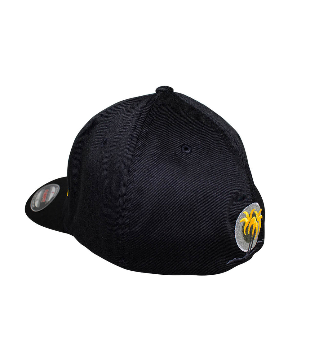 back view of NICERIDE WAY Classic Flexfit hat featuring black palm logo with orange leaves embroidered