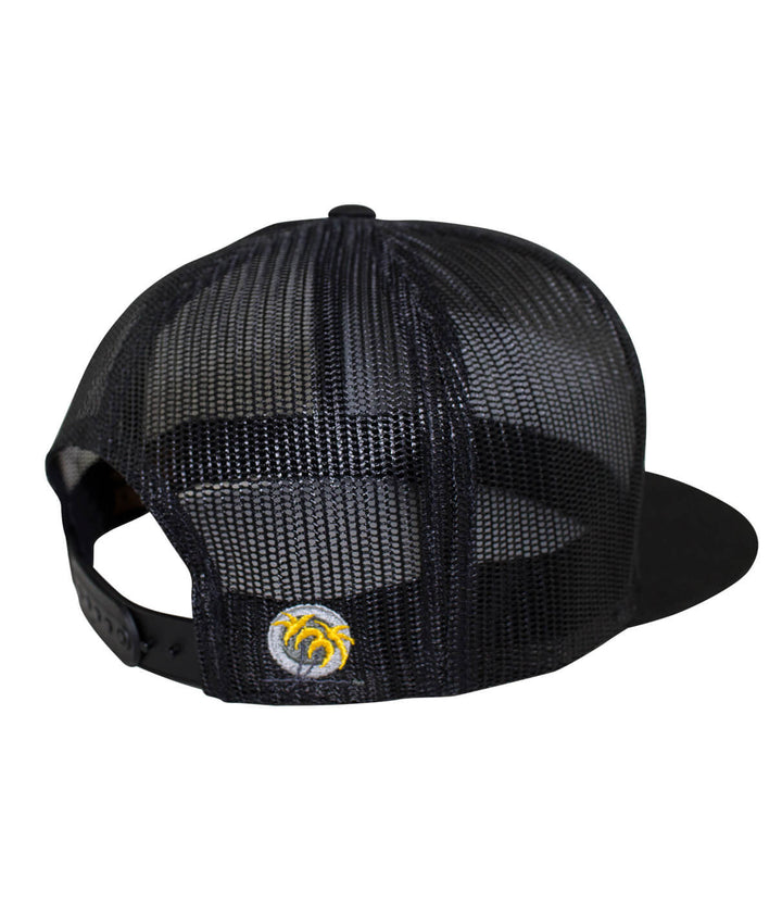 Back view of the NICERIDE WAY Trucker Hat showing the black mesh and embroidered palm logo with neon orange leaves.
