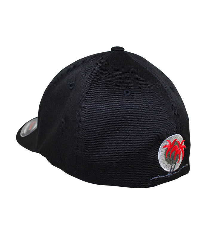 Black Classic Flexfit Hat with red palm logo embroidery on the back side.