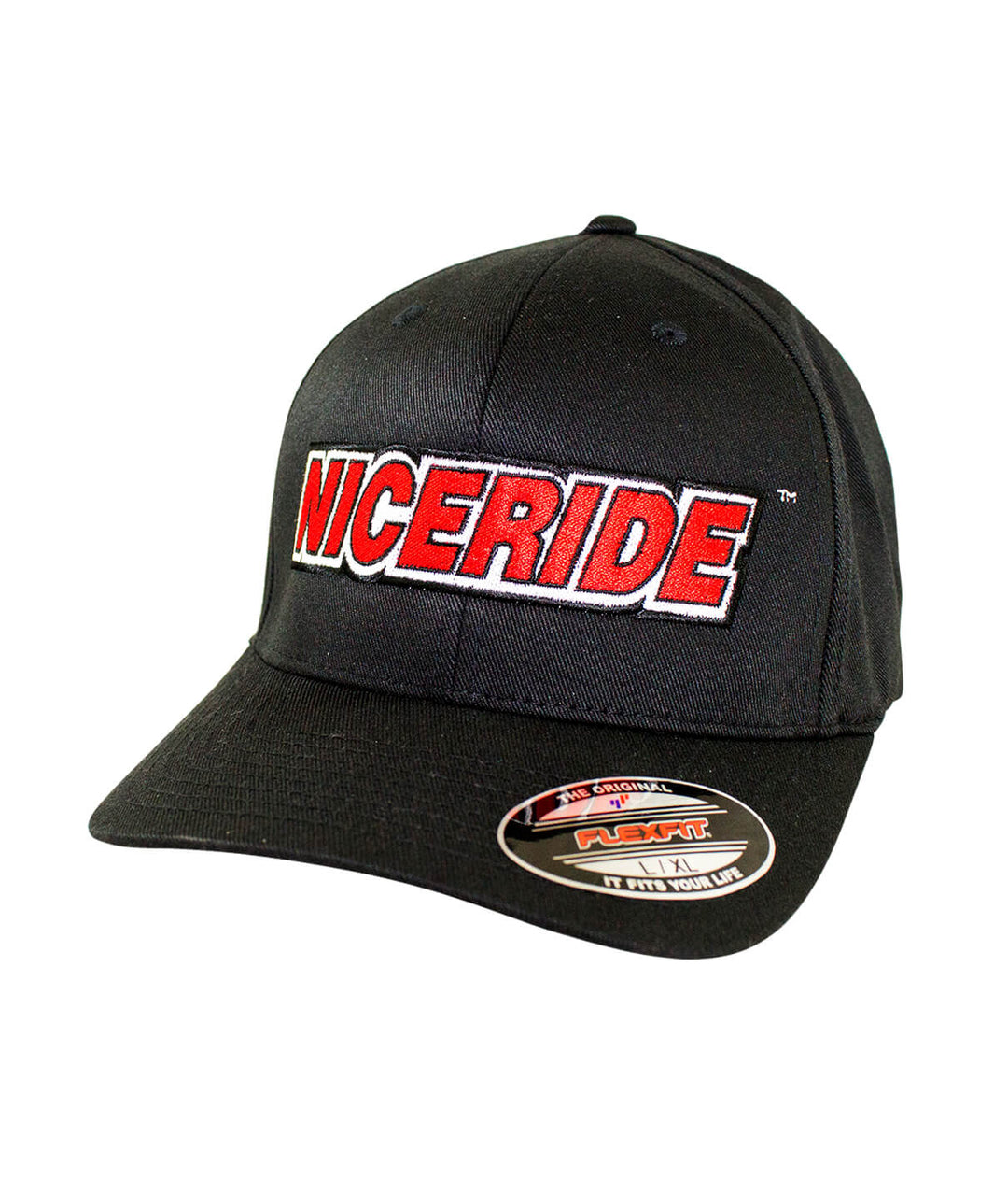 Slick Classic Flexfit Hat featuring NICERIDE logo in red, designed and made in the USA.