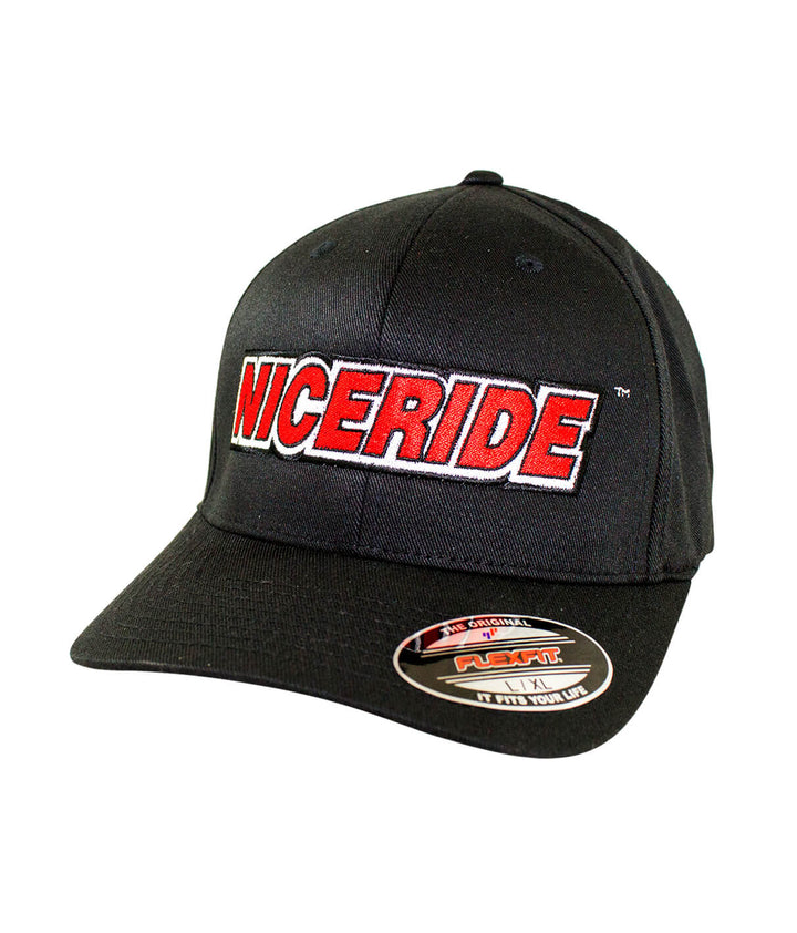 Slick Classic Flexfit Hat featuring NICERIDE logo in red, designed and made in the USA.