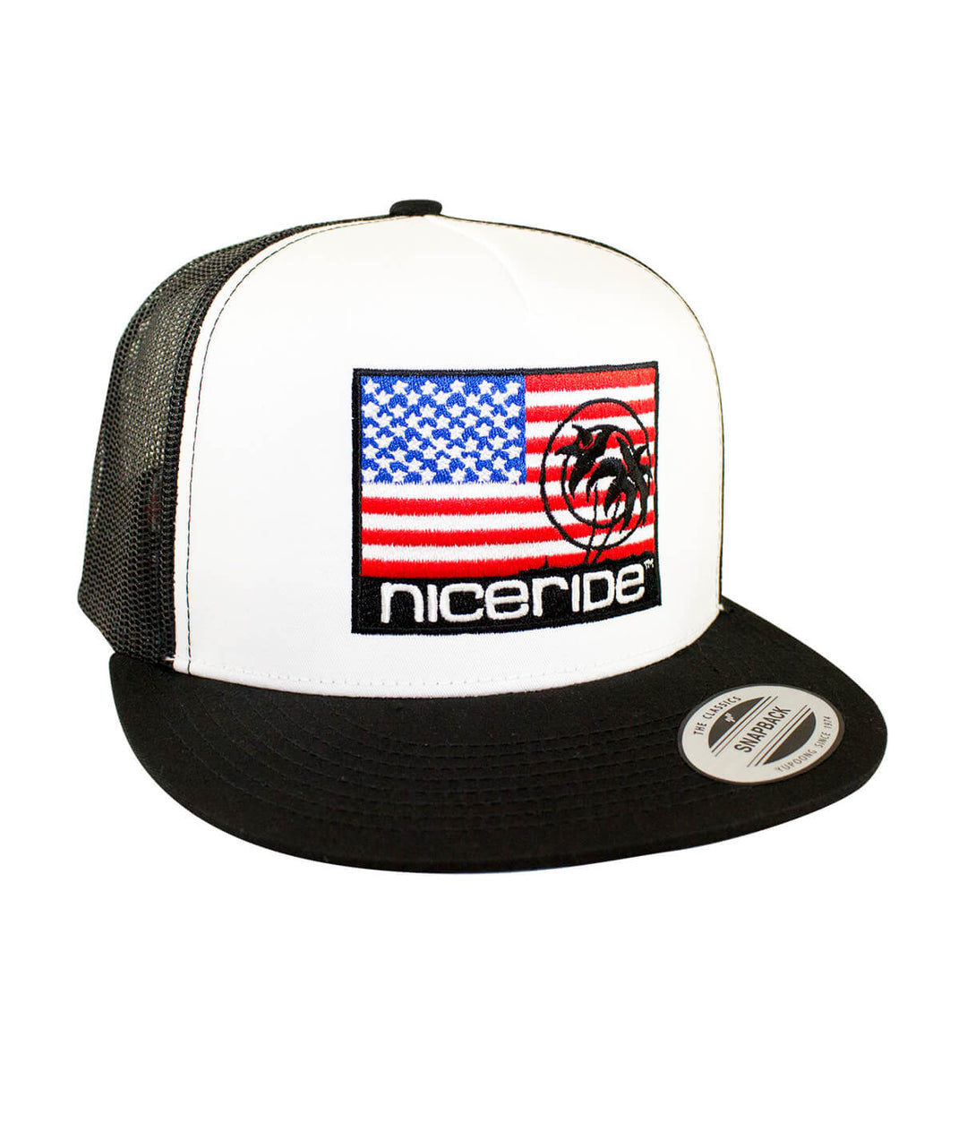 Niceride Pride Trucker Hat featuring American flag embroidery and classic palm logo, stylish hat for outdoor activities.
