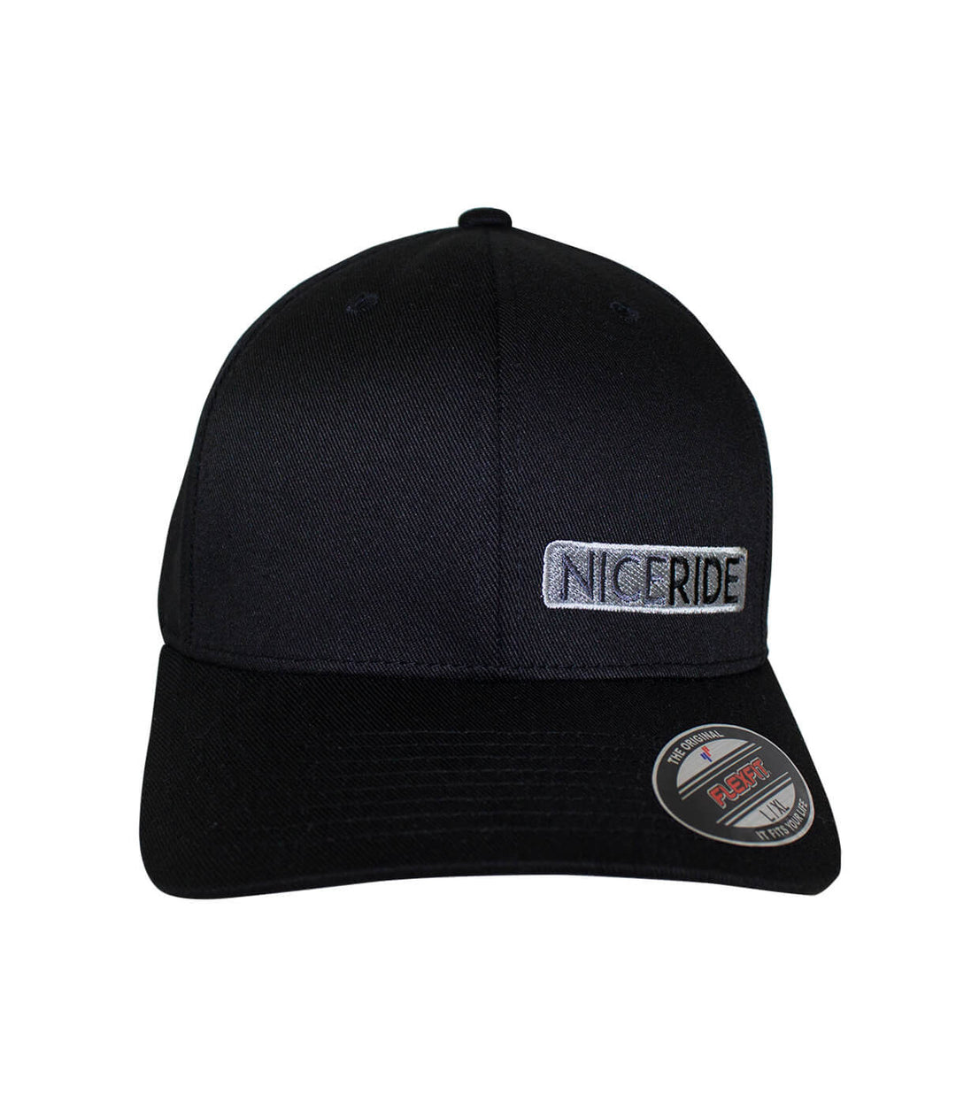 NR Black Classic Flexfit Hat featuring NICERIDE embroidered on the front and palm logo on the back.