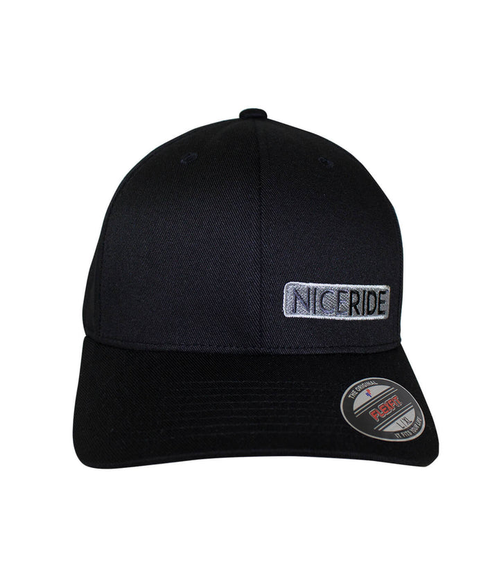 NR Black Classic Flexfit Hat featuring NICERIDE embroidered on the front and palm logo on the back.