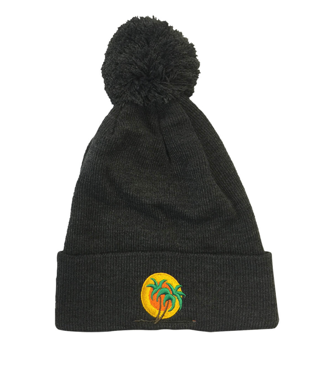 Classic Palm Puff Beanie featuring a pom pom and embroidered logo, perfect for style and warmth.