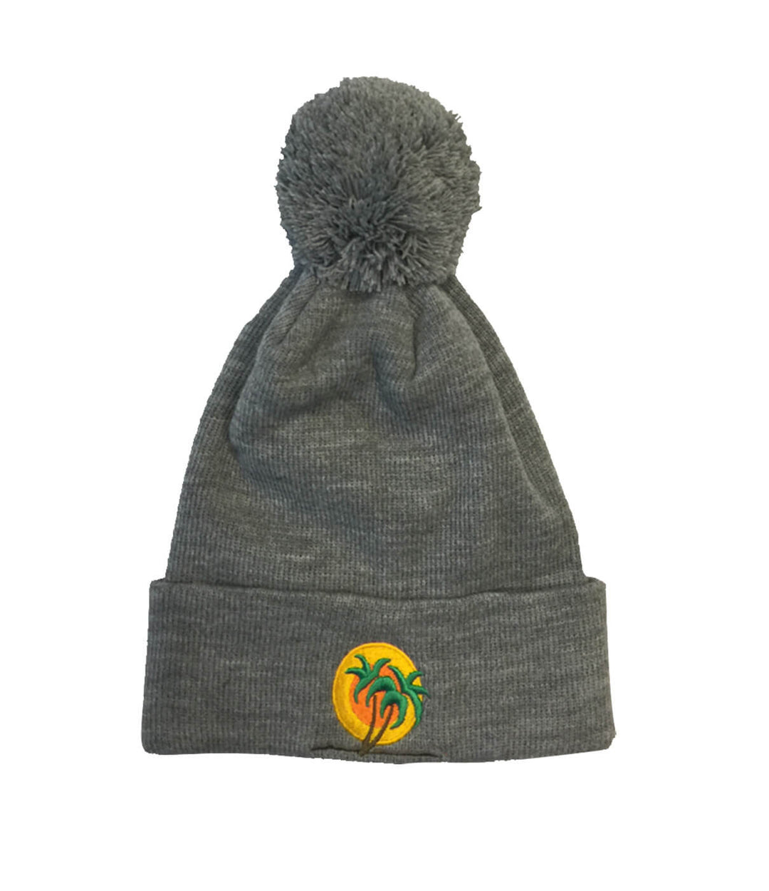 Classic Palm Puff Beanie featuring a pom pom and embroidered logo, perfect winter accessory.
