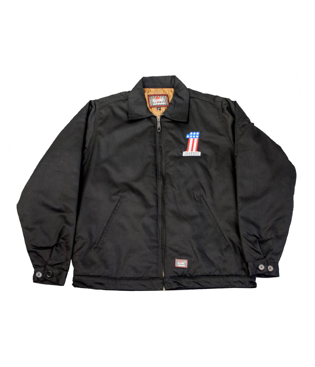 One Nice jacket featuring a zip-up design, embroidered logo, and lined interior for added warmth.