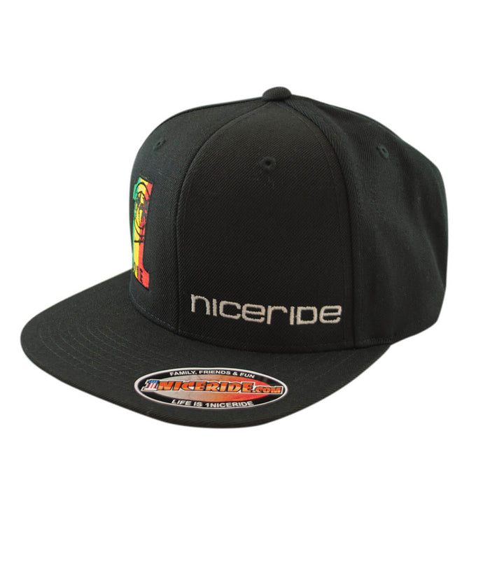 Love Tower Snapback hat with NICERIDE logo embroidered on the front panels, black color, stylish design.