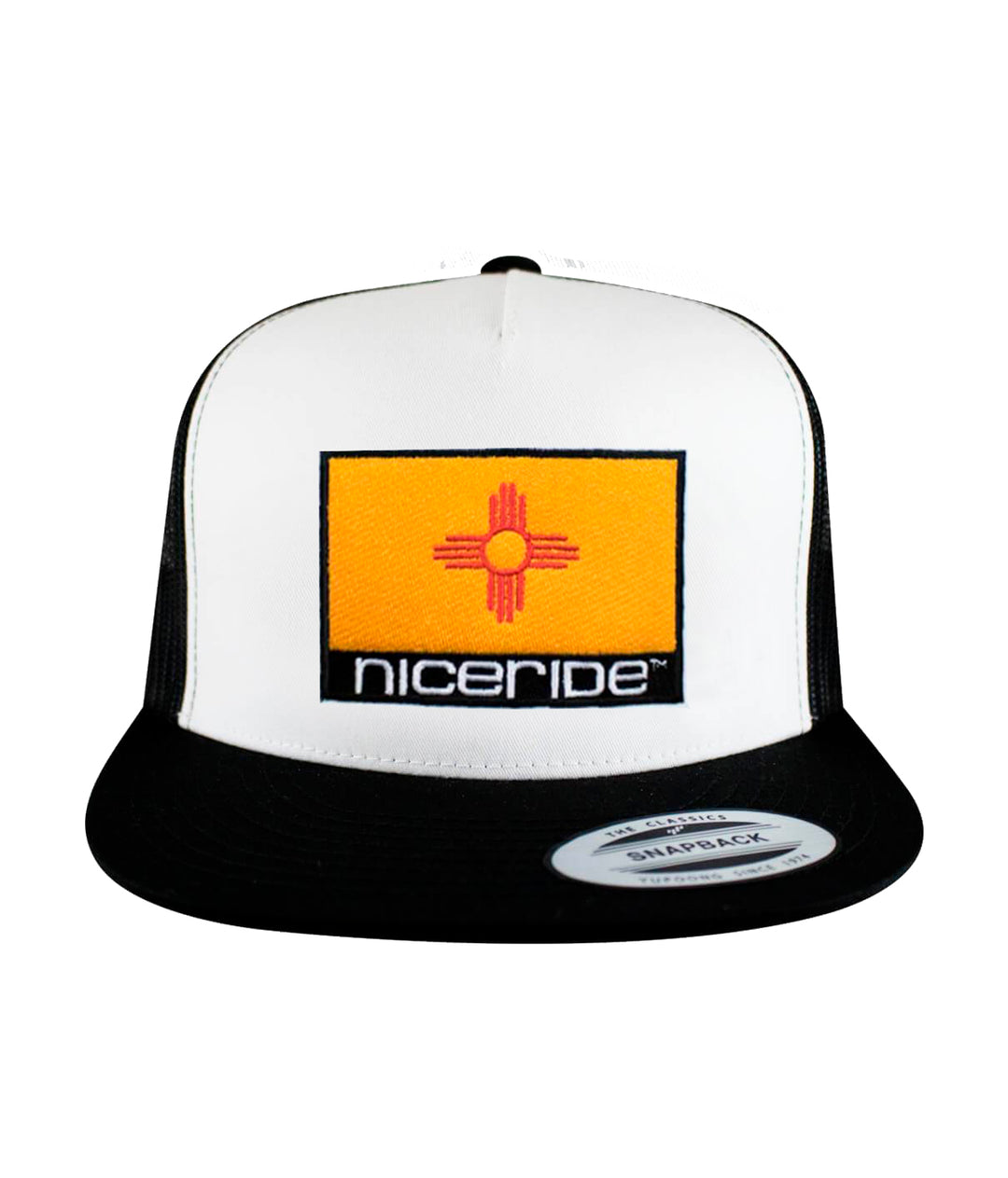 New Mexico Flag trucker hat with NICERIDE embroidery on front panel and palm logo on back.